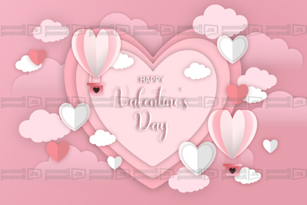 Макет-на-14-февраля-happy-valentines-day-сердце-с-облаками-на-розовом-фоне